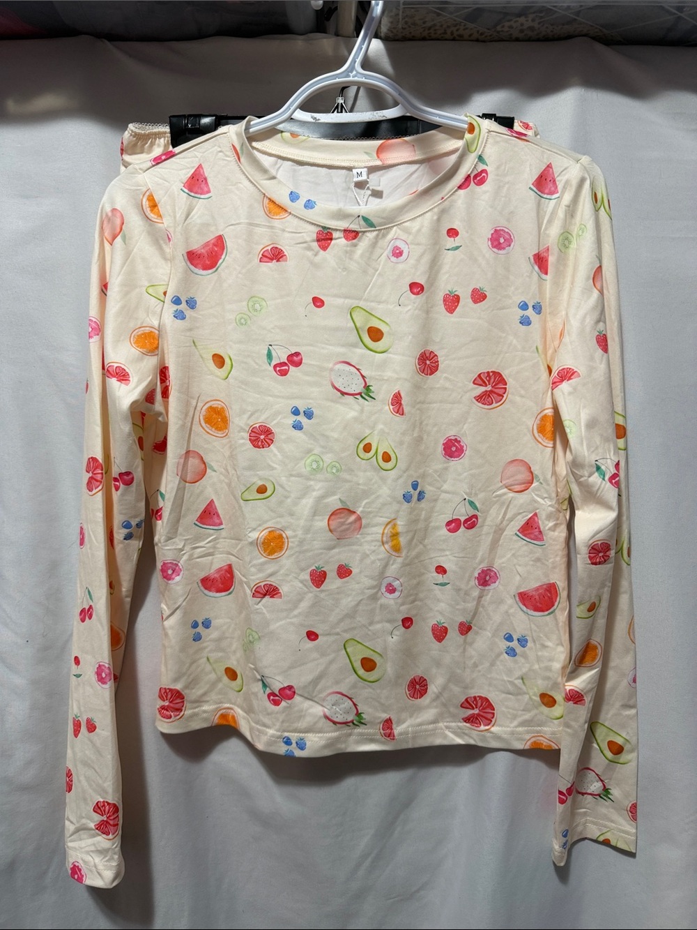 Cream Fruit-Print Long-Sleeve Pajama set